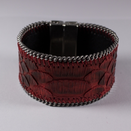 Bracelet en cuir de serpent rouge chaîne plate - Aech Cheli