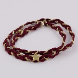 Bracelet entrelacé fils de soie bordeaux et chaîne plaqué or