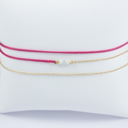 Bracelet wrap modèle Maeva perles akoya keshi et diamant gris doré or champagne et lien framboise by LFDM Fine Jewels