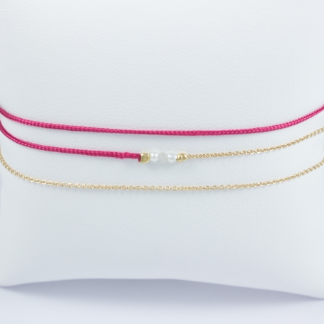 Bracelet wrap modèle Maeva perles akoya keshi et diamant gris plaqué or champagne et lien framboise by LFDM Fine Jewels
